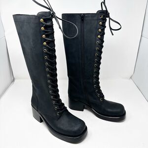 Jeffery Campbell Tyro Black Distressed Knee High Boots Size 8.5 Lace Up